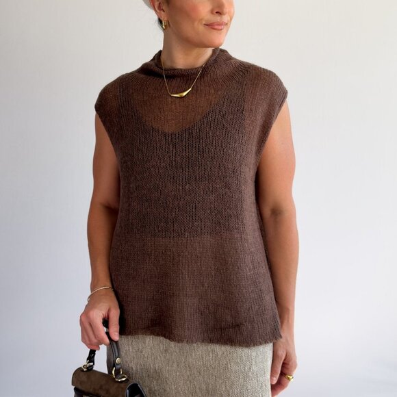 Women’s Open-Knit Mock Neck Sweater Tank – Cocoa Brown Top - Picture 5 of 10